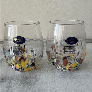 Set of 2 Murano White Crystal Wine Glasses Hand Made Tumblers Confetti Italy